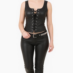 Genuine Sheep Leather Lace-Up Corset Top & Pants Set| Women's Black Leather Biker Outfit | Handmade Gothic Festival Clothing Halloween Style