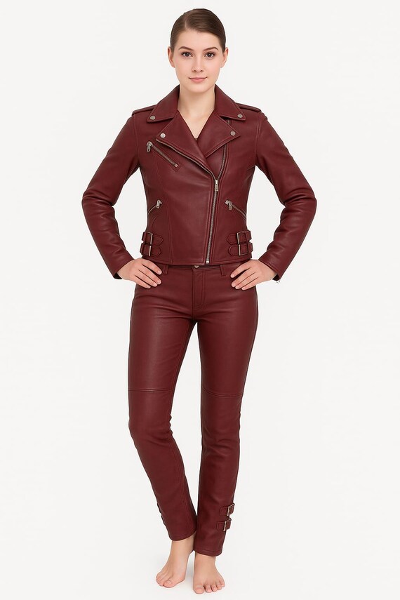 Conjunto de chaqueta y pantalón de motociclista de cuero auténtico