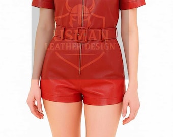 Red Sheep Leather Romper: Handmade Belted Jumpsuit