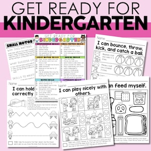 Könnte beinhalten: Eine Sammlung von schwarz-weißen Arbeitsblättern mit dem Titel Get Ready for Kindergarten, die Kompetenz-Checklisten, Nachspurübungen, Diagramme zur sozialen Interaktion und Aktivitäten zur Lebensmittelidentifizierung mit Illustrationen enthalten.