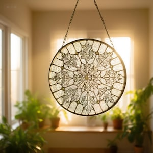 Christmas Snowflake Stained Glass Hanging Decoration,Christmas Window Suncatcher–Handmade Holiday Decor–Winter Gift–Frosted Glass Decoration