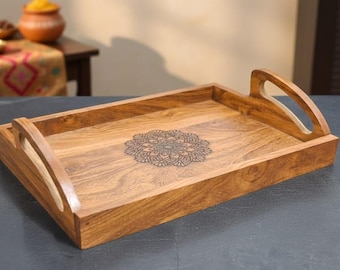 Natural Walnut Serving Tray, Decorative Coffee Table Ottoman Tray