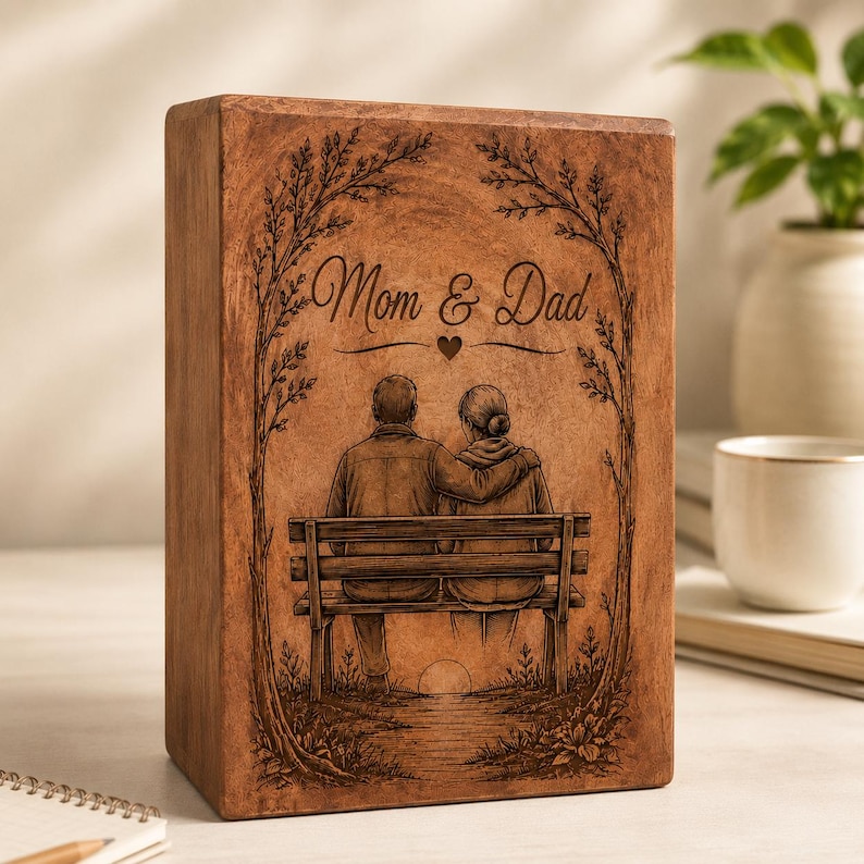 Pu&ograve; includere: Un blocco di legno rettangolare con un'illustrazione incisa al laser di due persone sedute su una panchina sotto degli alberi. Il testo "Mom & Dad" &egrave; centrato sopra le figure con una piccola icona a forma di cuore. Il legno ha una finitura naturale.