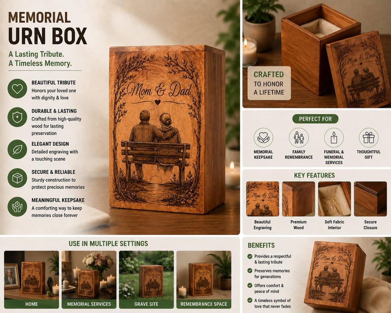 Urna funeraria in legno personalizzata per mamma e papà / Panchina per coppie con incisione commemorativa per cremazione immagine 6