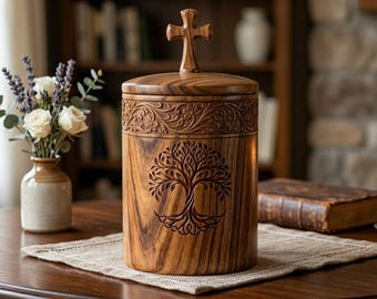 Può includere: Un'urna di legno marrone con manico a forma di croce e un disegno dell'albero della vita. L'urna è su un tavolo con un vaso di fiori e una candela accesa. L'urna è alta circa 25 cm.