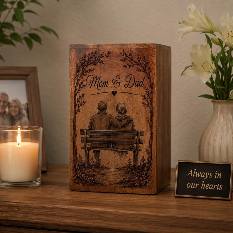 Pu&ograve; includere: Un'urna funeraria rettangolare in legno con un'illustrazione incisa al laser di due persone sedute su una panchina sotto degli alberi. Il testo "Mom & Dad" &egrave; inciso sopra e una piccola targa nera riporta "Always in our hearts."