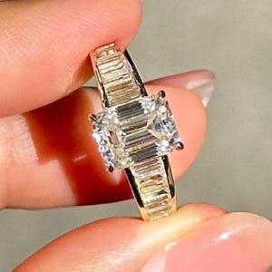 3 CT Emerald Cut Moissanite Engagement Ring Unique Baguette Cut Channel Set Wedding Band 14K Solid Yellow Gold Anniversary Gift For Her