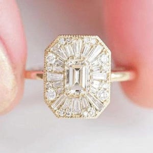 Emerald Cut Moissanite Ring Emerald Cut Halo Engagement Ring 14K Yellow Gold Wedding Ring Anniversary Ring For Women Proposal Ring