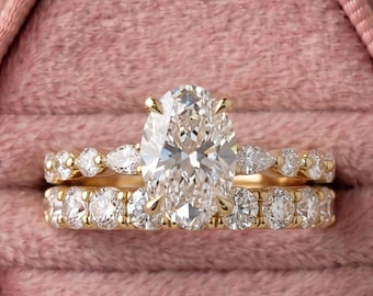 3 CT Oval Moissanite Engagement Ring Set, 14K Yellow Gold Bridal Ring Set, 4 Prong Oval Solitaire Wedding Ring, Anniversary Gift