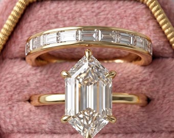 4 CT Elongated Hexagon Moissanite Engagement Ring Set, 14K Solid Gold Wedding Ring Set, Baguette Band Bridal Set, Anniversary Gift