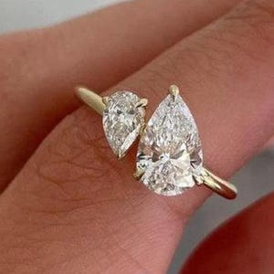2 TCW Tear Drop Two Stone Ring Two Pear Cut Diamond Engagement Ring Two Stone Toi Et Moi Ring Minimalist Ring 14K Yellow Gold Wedding Ring