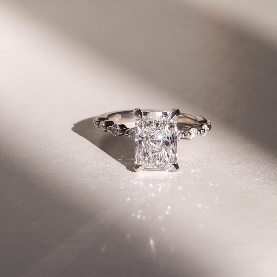 4 CT Radiant Cut Engagement Ring Moissanite Diamond Distance Pave Set ...