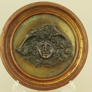 Vincenzo Gemito face Medusa bas-relief medallion plaque in gilded bronze 1800 19th century Naples Italy golden frame