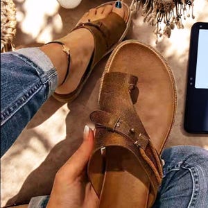 Women&#39;s Orthopedic Leather Toe Ring Sandals | Comfy Flat Platform Slippers | Plus Size 43 | Summer Casual Shoes for Women, gift for her, mom