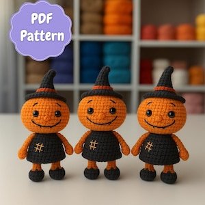 May include: Three crocheted pumpkin dolls wearing black witch hats and dresses. The orange pumpkins have smiling faces and are holding their arms out. The text "PDF Pattern" is in a purple bubble in the upper left corner.
