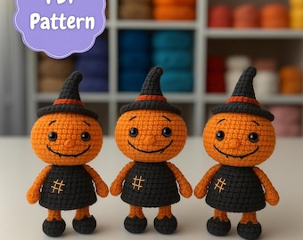 Pompoenpop-haakpatroon, amigurumi-halloween pdf, schattig pompoenheksenpatroon, griezelige gehaakte pop-tutorial