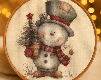 Patrón de punto de cruz de muñeco de nieve, lindo muñeco de nieve navideño en PDF, diseño de bordado navideño, decoración festiva con puntadas
