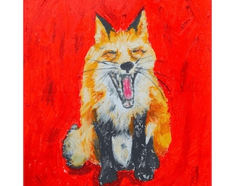 Puede incluir: Pintura vibrante de un zorro con pelaje naranja y blanco, patas negras y boca abierta, sobre un fondo rojo texturizado. El zorro parece estar bostezando o riendo.