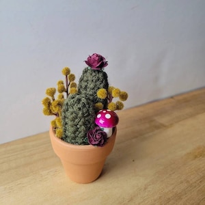 Mini • Knitted Cactus Plant • Dark Olive Green • Maroon Flowers • Fuzzy Yellow Stems & Mushroom