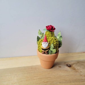 Mini • Knitted Cactus Plant • Lime Green • Gnome • Red Rose and Leafy Stems