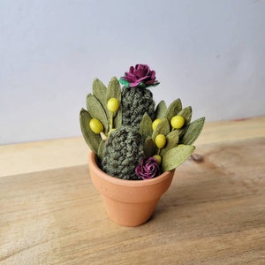 Mini • Knitted Cactus Plant • Dark Olive Green Color • Maroon Flowers • Leafy Lime Steams