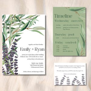 Französische Lavendel-Hochzeitseinladungs-Paket | Antwortkarte | Thema Olivenbaum | Canva Bearbeitbar | Digitaler Download