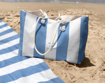 Blue Striped Beach Bag and Towel Set, Oversized Coastal Tote with Rope Handle, Luxury Vacation Gift, Cruise Essentials