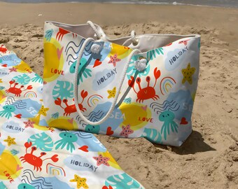 Cartoon Sea Life Beach Bag & Towel Set – Oversized Rope Handle Tote with Ocean Animals