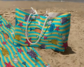Beach Bag & Towel Set – Oversized Rope Handle Tote with Waves, Cartoon Fishes, Vacation Gift