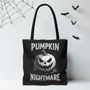 Double-sided tote bag with spooky pumpkin design and funny twist — dark humor gothic gift.