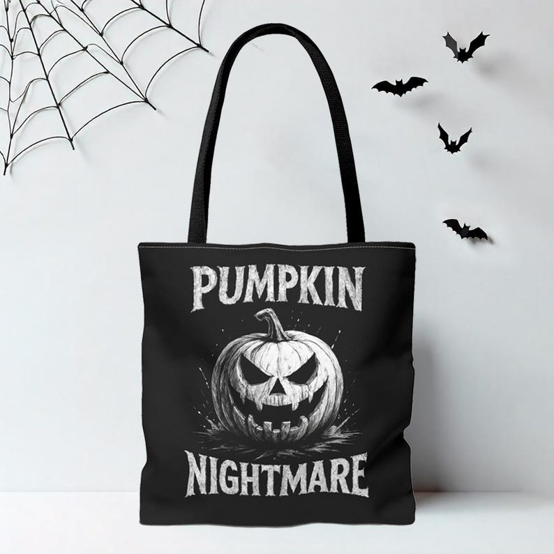 Double-sided tote bag with spooky pumpkin design and funny twist — dark humor gothic gift.