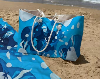 Large Beach Bag + Towel Set, Oversized Rope Handle Tote, Underwater World, Ocean Vacation Gift