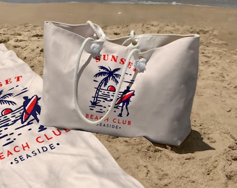 Nautical Beach Bag & Towel Set, Oversized Vacation Tote with Rope Handle, Surfer Sunset Design