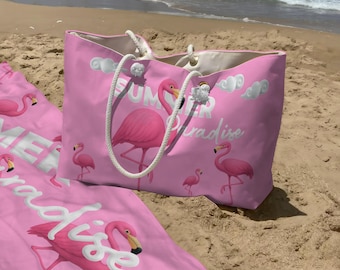 Pink Flamingo Beach Bag & Towel Set – Oversized Tote with Rope Handle, Women’s Gift