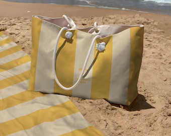 Yellow Striped Beach Bag & Towel Set – Oversized Vacation Tote with Rope Handles
