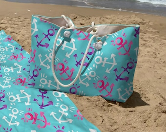 Nautical Beach Bag & Towel Set – Oversized Anchor Print Tote with Rope Handle, Travel Gift