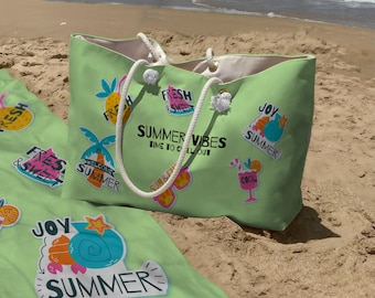 Vacation Beach Bag & Towel Set – Oversized Green Tote with Rope Handle, Travel Vibes Gift