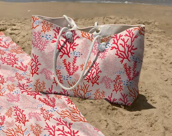 Beach Bag & Towel Set – Oversized Rope Handle Tote, Coral Reef Design, Travel Vacation Gift
