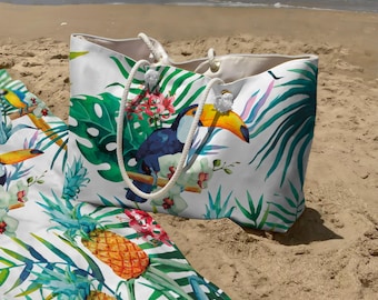 Oversized Tropical Tote Bag & Matching Towel – Rope Handle, Toucan and Palms Design, Vacation Gift