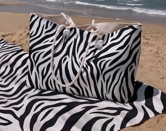 Zebra Print Beach Bag Towel Set, Luxury Safari Aesthetic Tote with Rope Handles, Gift