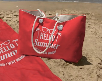 Large Beach Bag & Towel Gift Set – Red Vacation Travel Tote with Rope Handle