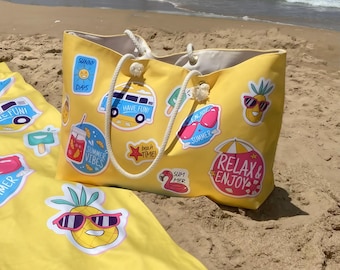 Yellow Summer Patch Beach Set, Fun Vacation Essentials, Oversized Sticker Print Tote, Cruise Carryall, Large Travel Gear