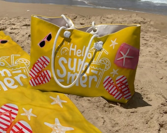 Yellow Beach Bag & Towel Set – Oversized Rope Handle Tote, Vacation Gift for Travel Lovers