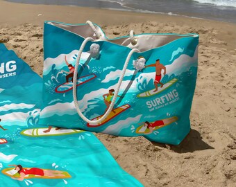 Surfing Beach Bag & Towel Set – Oversized Rope Handle Tote, Surf Style Gift, Vacation Bundle