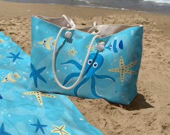 Oversized Beach Bag & Towel Set – Large Vacation Tote with Rope Handle, Octopus Design Gift