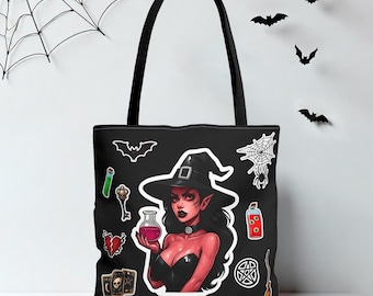 Witchcore Tote Bag – Gothic Sexy Sticker Art, Double-Sided