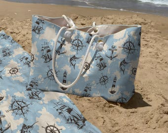 Large Beach Bag & Towel Set, Oversized Vacation Tote with Rope Handle, Nautical Travel Gift