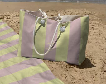 Large Beach Bag & Towel Set, Oversized Weekender Tote with Rope Handle, Matching Bundle