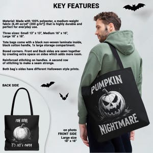 Gothic pumpkin tote bag with creepy front and humorous back print — unique gift with humor.