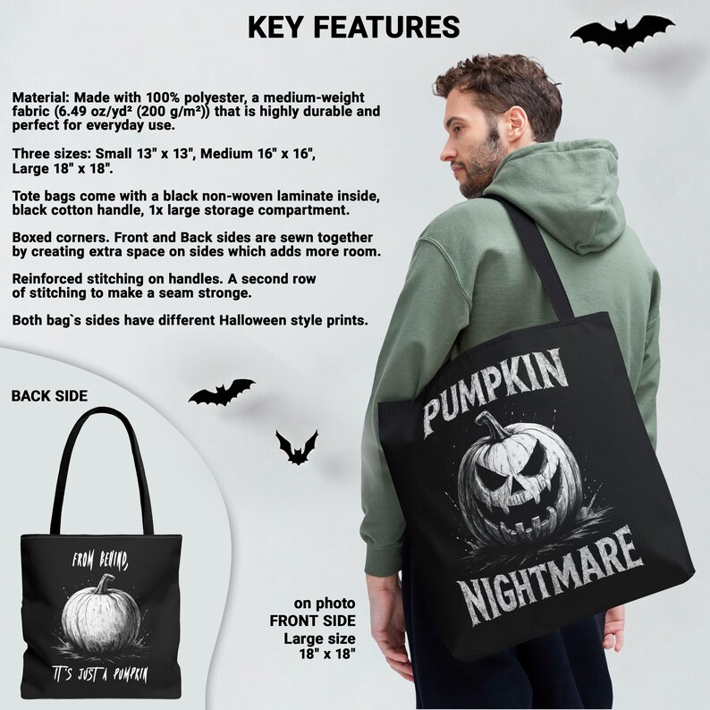 Gothic pumpkin tote bag with creepy front and humorous back print — unique gift with humor.